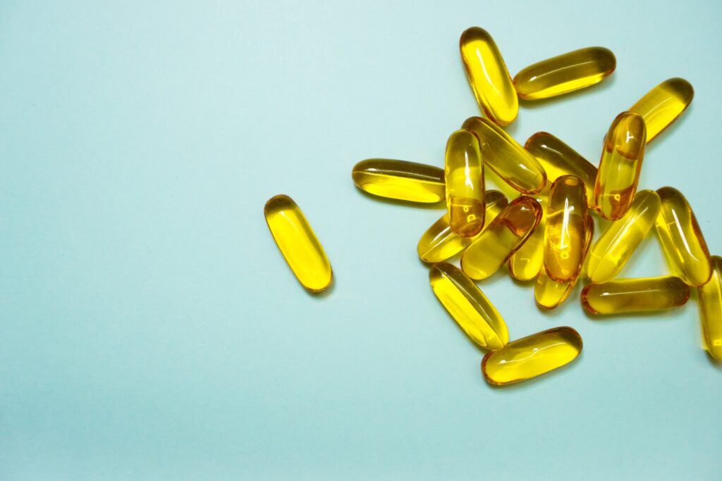 Gold transparent health supplements caplets.