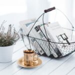 a white tabletop with a wire basket of four hardcopy books a brass tea cup and saucer and a green plant in a white pot